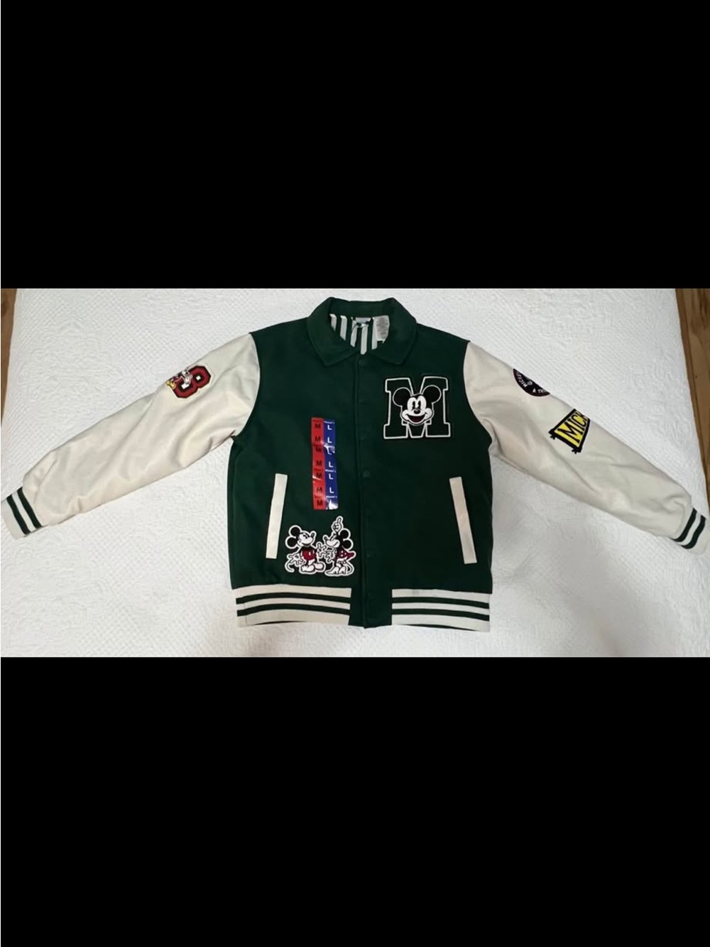 Green and White Mickey Patch Varsity Jacket for Women